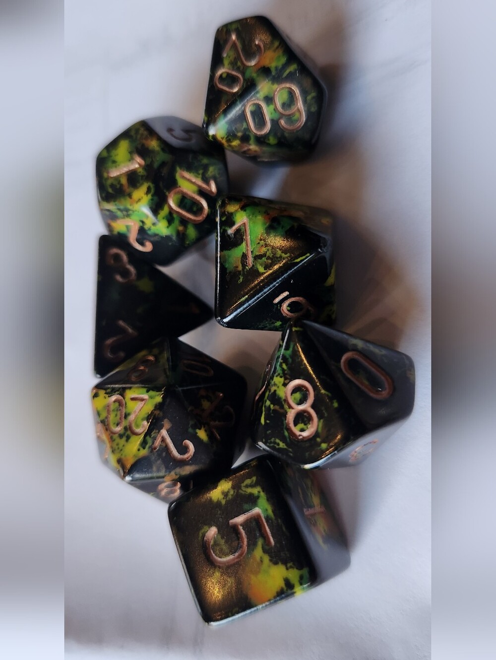 Black, Gold, Green RPG Dice Set - Marble Effect